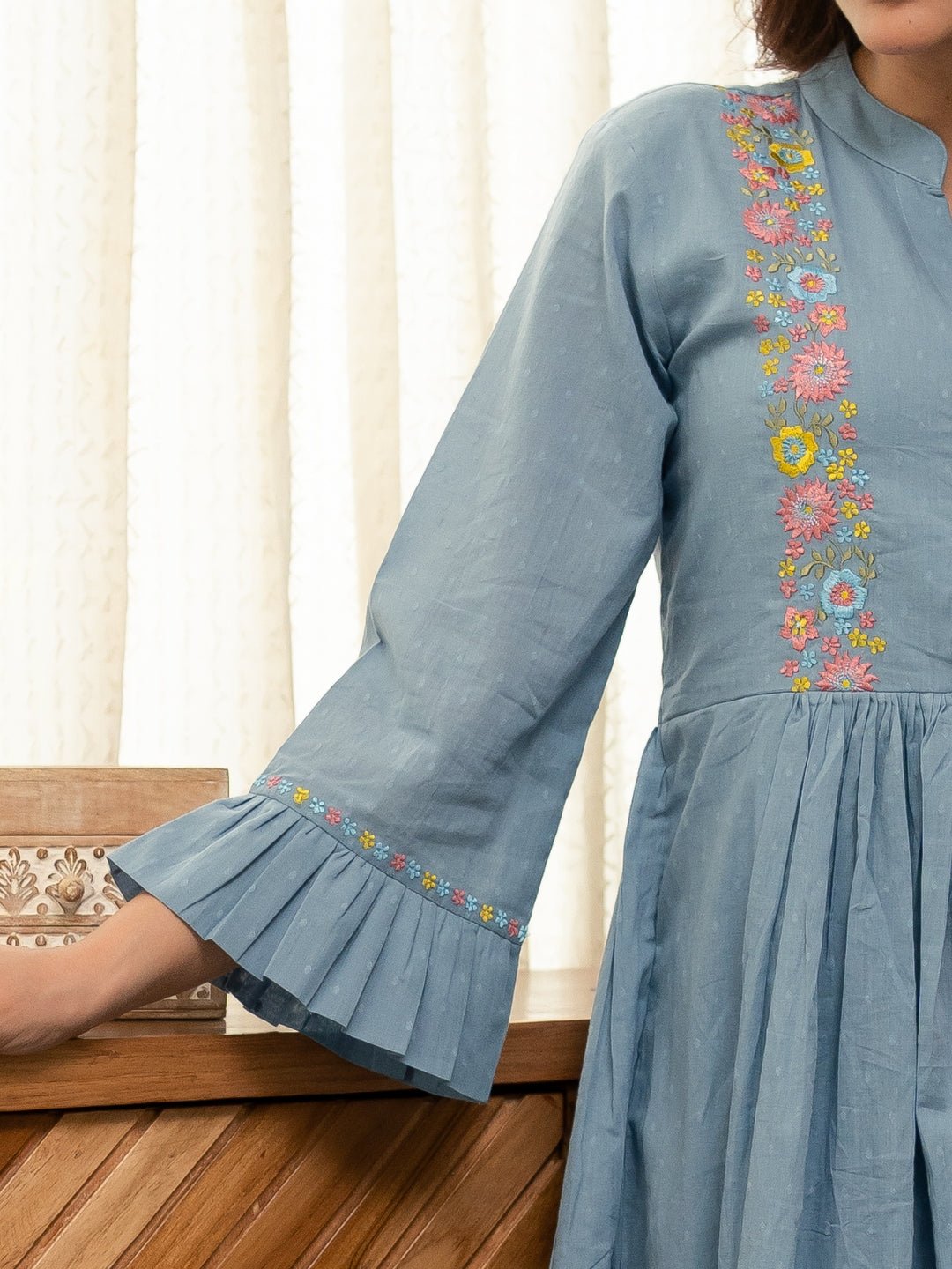 Dobby Blue Dress with Embroidery - Image 4