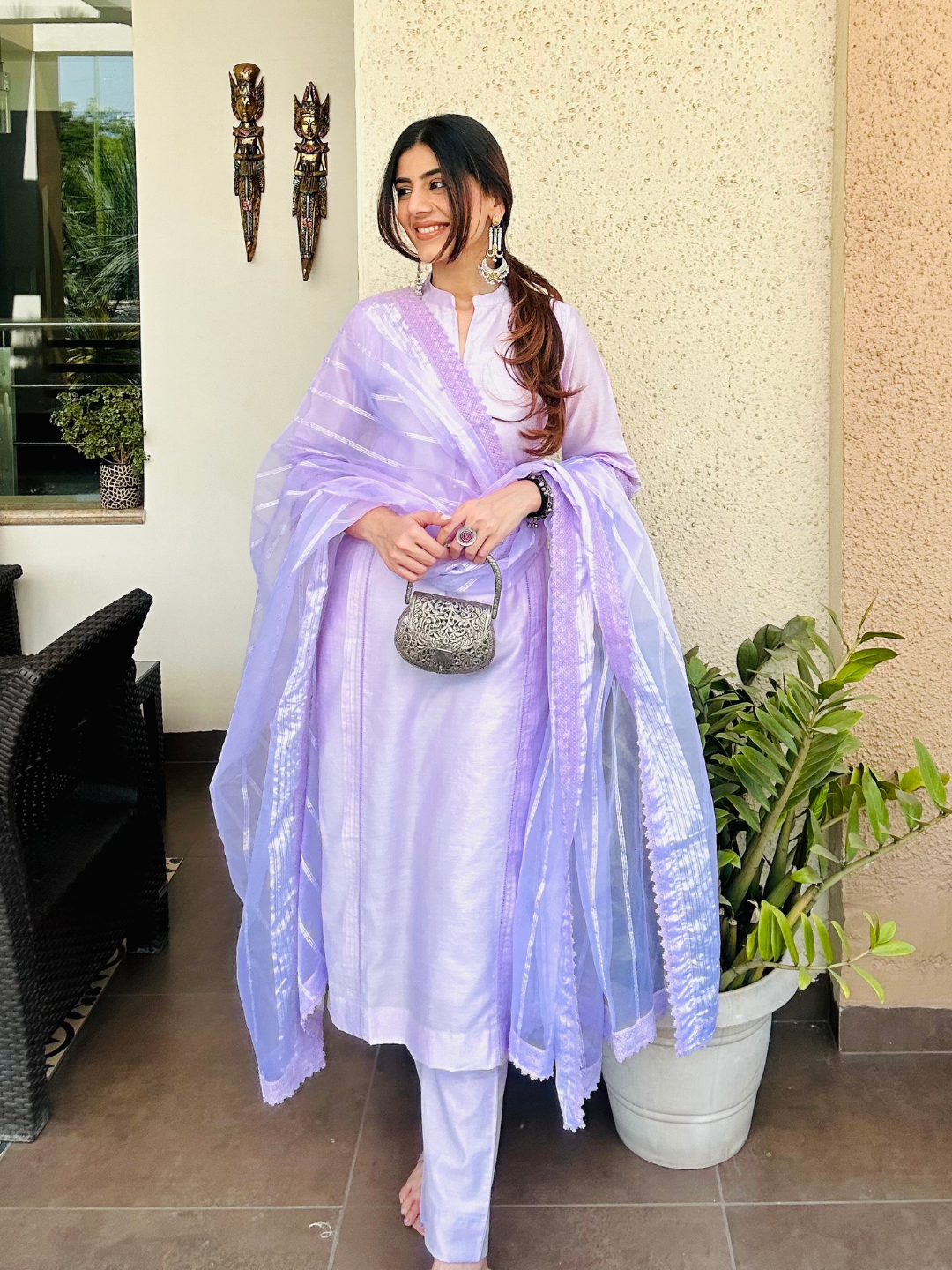 Lilac Chanderi Kurta Set With Dupatta & Pants - Image 5