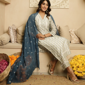 Blue Hand Block Chanderi Kurta Set - Image 5