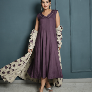 RAYON INNER DRESS WITH POPLIN BLOCK PRINT SHRUG - Image 5