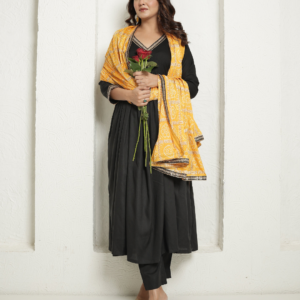 Black Kurta and Pants with Yellow Bandhej Dupatta - Image 6