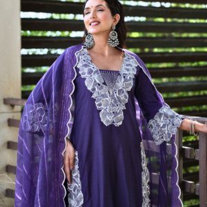 Blue Chanderi Kurta Set With Embroidery - Image 7