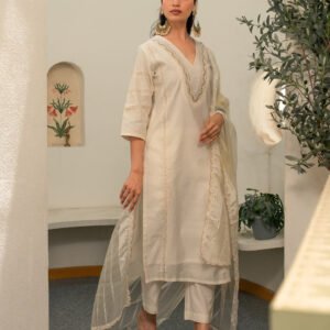 Chanderi Embroidery Pintucks Kurta with Dupatta and Pants - Image 6