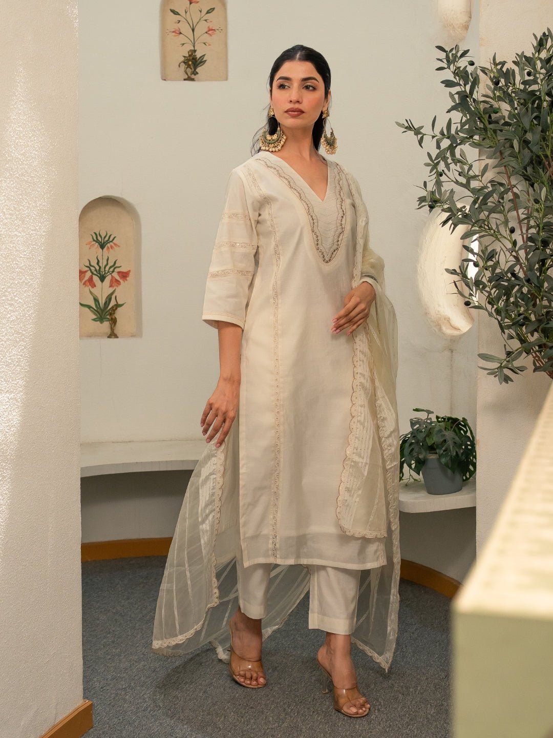 Chanderi Embroidery Pintucks Kurta with Dupatta and Pants - Image 6