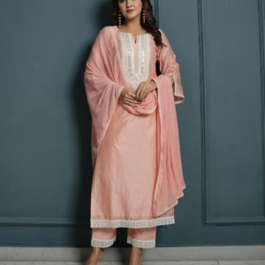 Pastel Pink Chanderi Kurta with Pants and Dupatta - Image 6