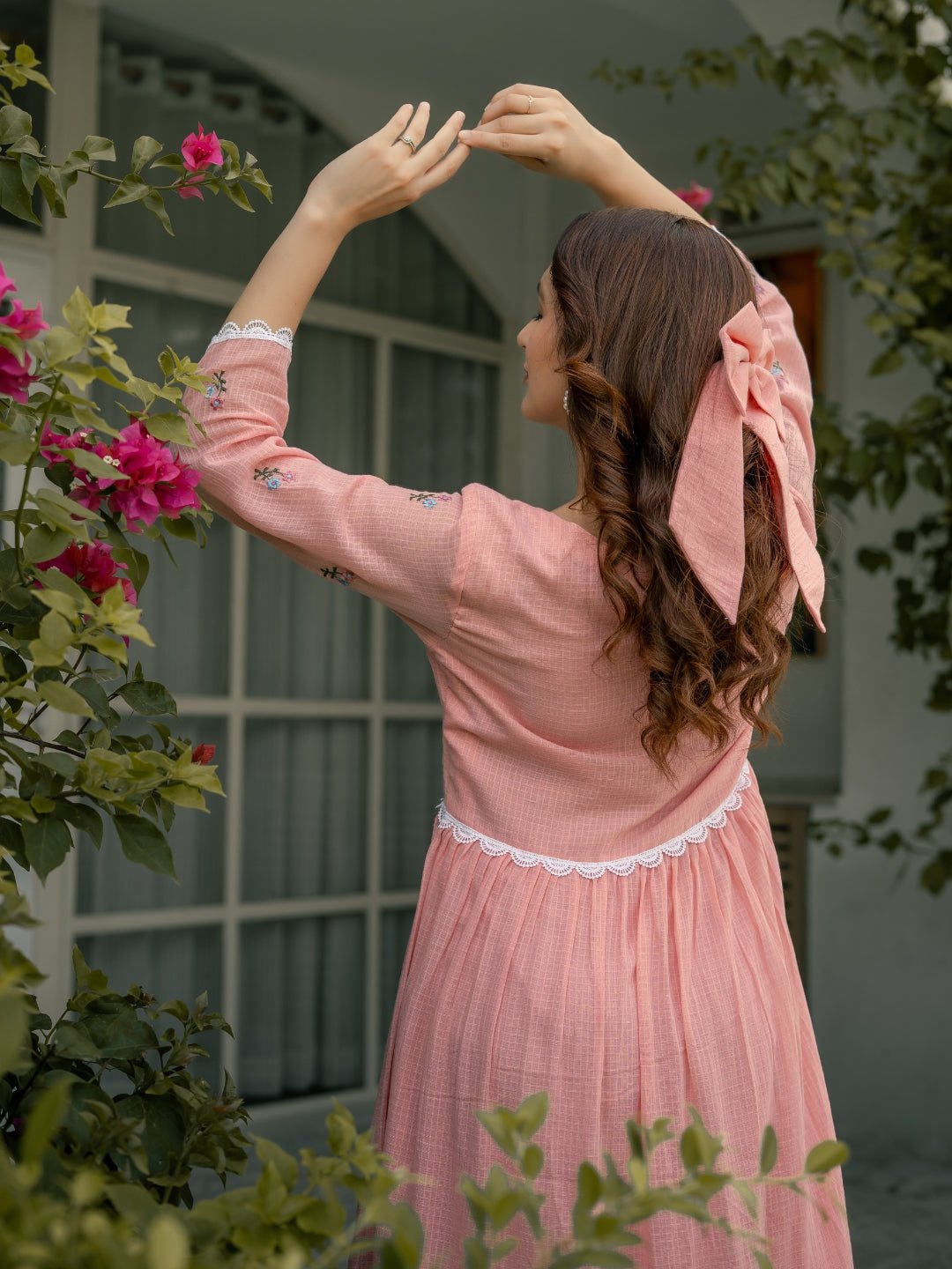 Pink Mist Dress in Kota Doriya Fabric with Embroidery - Image 7