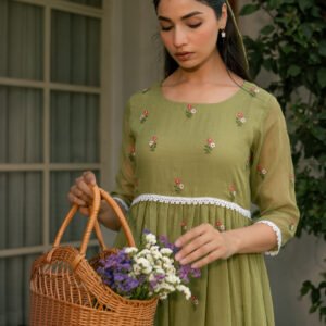 Mint Grace Dress in Kota Doriya Fabric with Embroidery - Image 8