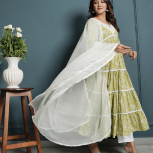 Green White Lace Anarkali Kurta with Pants And Dupatta - Image 6