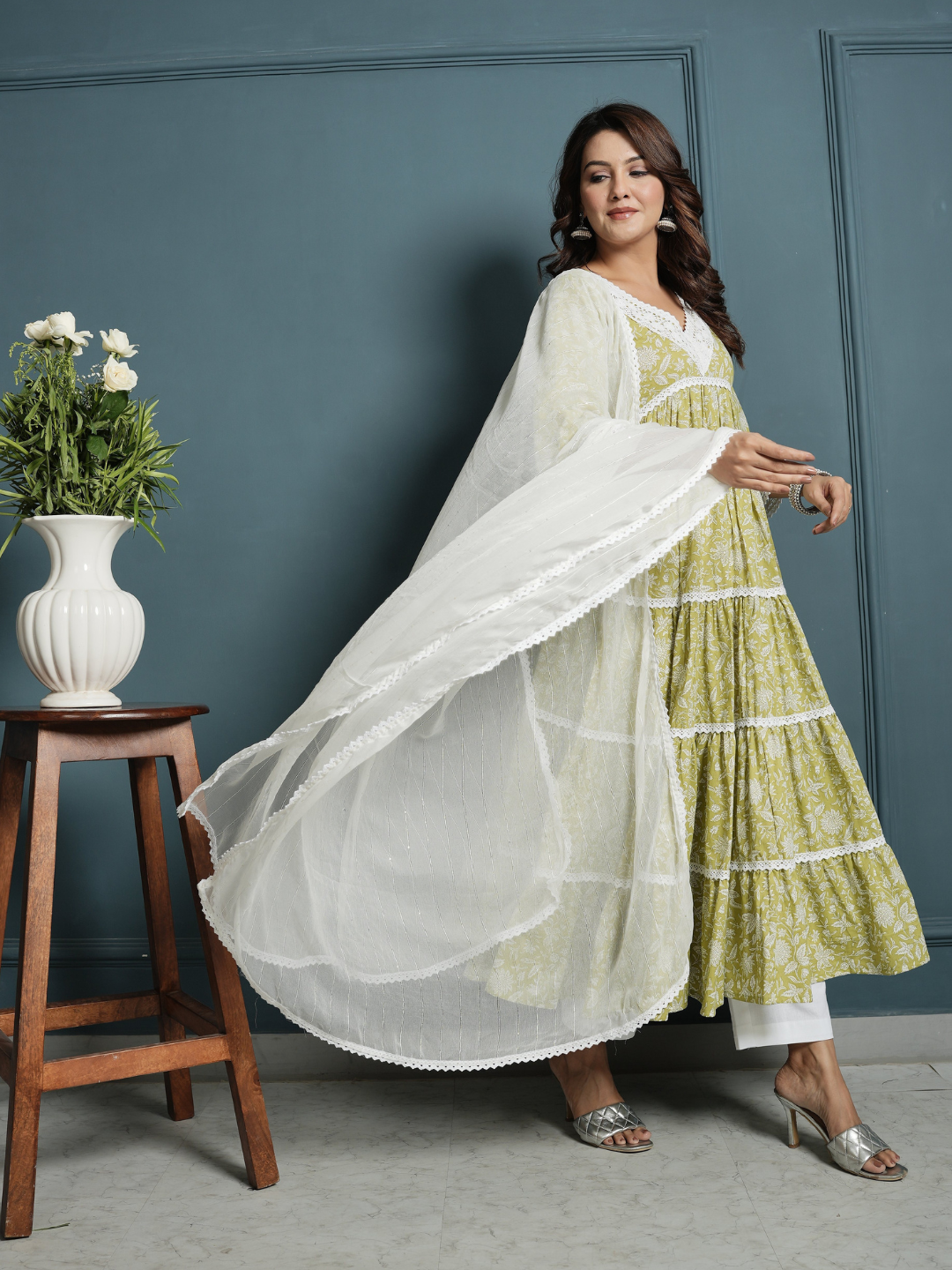 Green White Lace Anarkali Kurta with Pants And Dupatta - Image 6