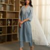 Chambray Embroidered Kurta Set with Dupatta and Pants