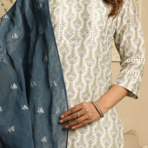 Blue Hand Block Chanderi Kurta Set - Image 3