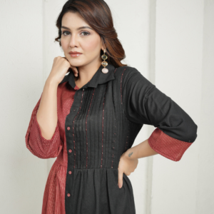 Red Block Print and Black Dress with Detailing - Image 6