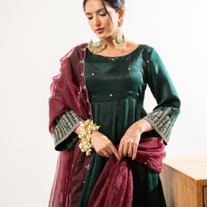 Velvet Satin Green Anarkali With Dupatta And Pants - Image 6
