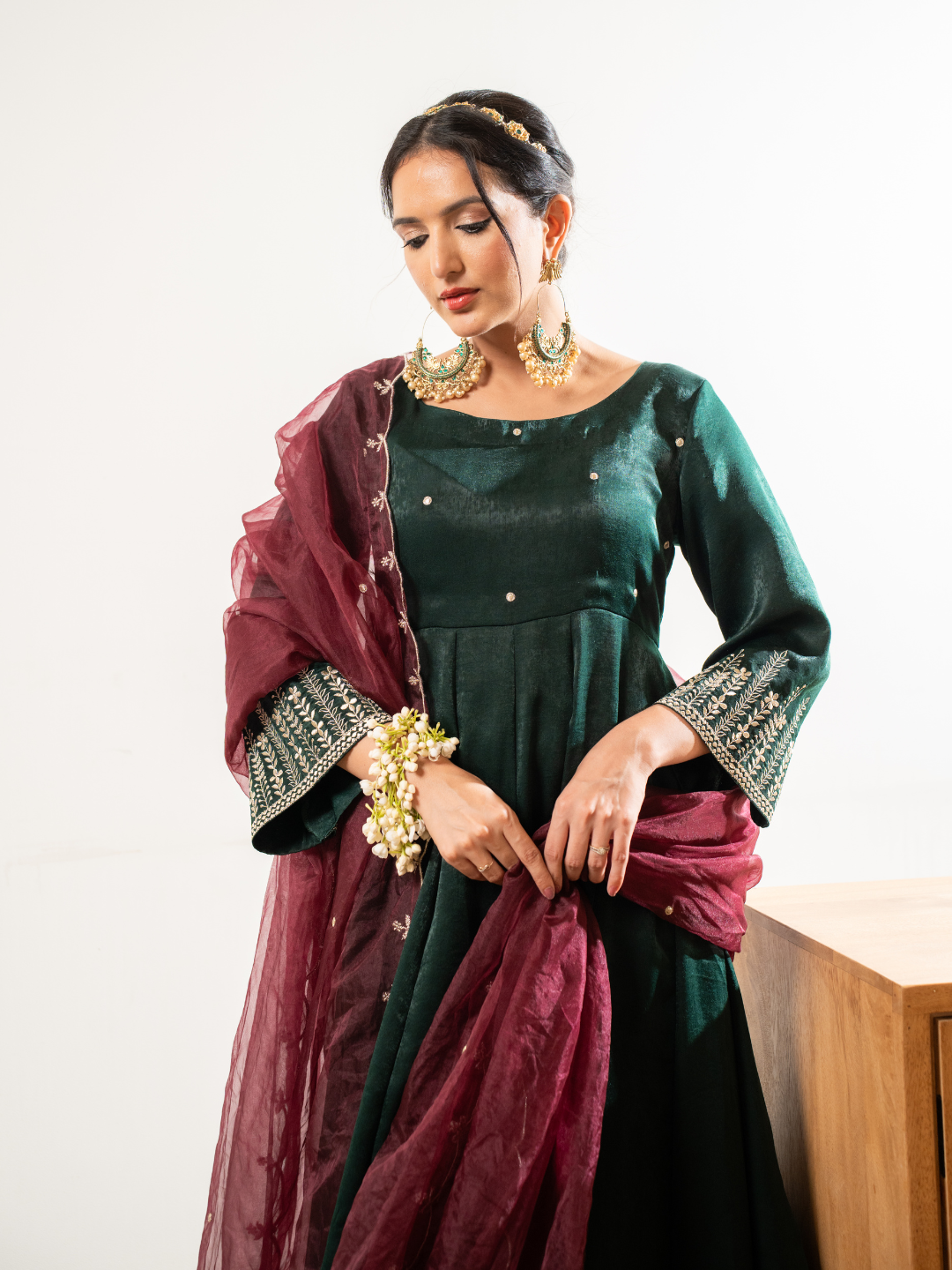 Velvet Satin Green Anarkali With Dupatta And Pants - Image 6