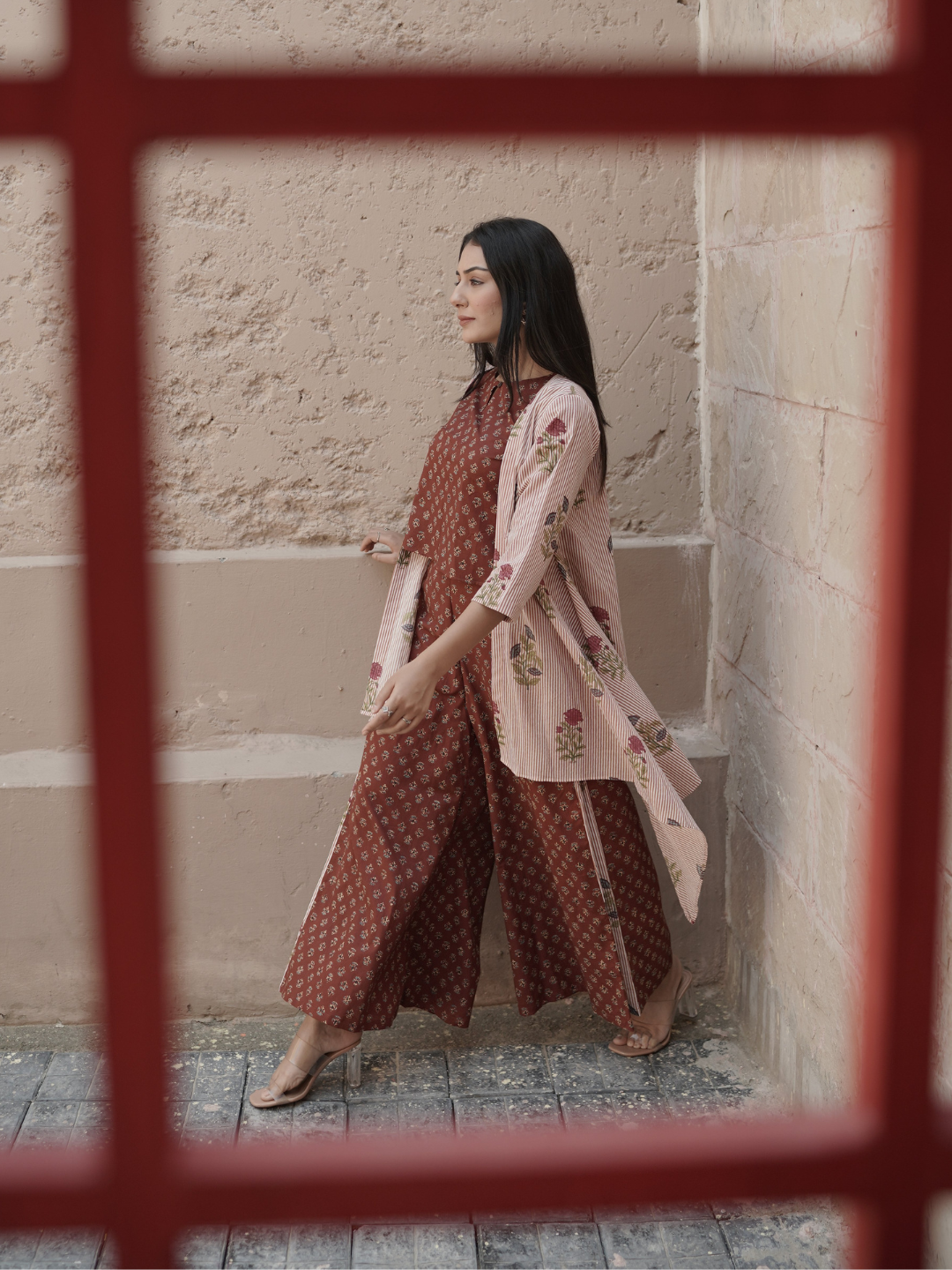 Block Printed Co-ord Top and Palazzo with Shrug - Image 5