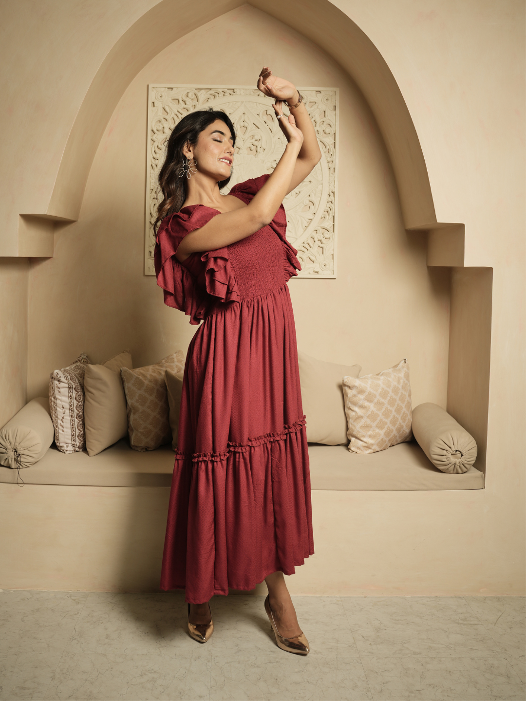 Whimsical Whirl Maroon Dress - Image 6