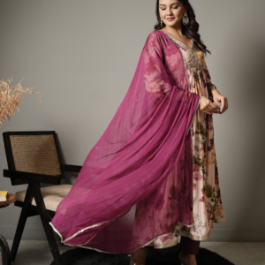 Floral Anarkali Kurta With Pants and Dupatta - Image 4