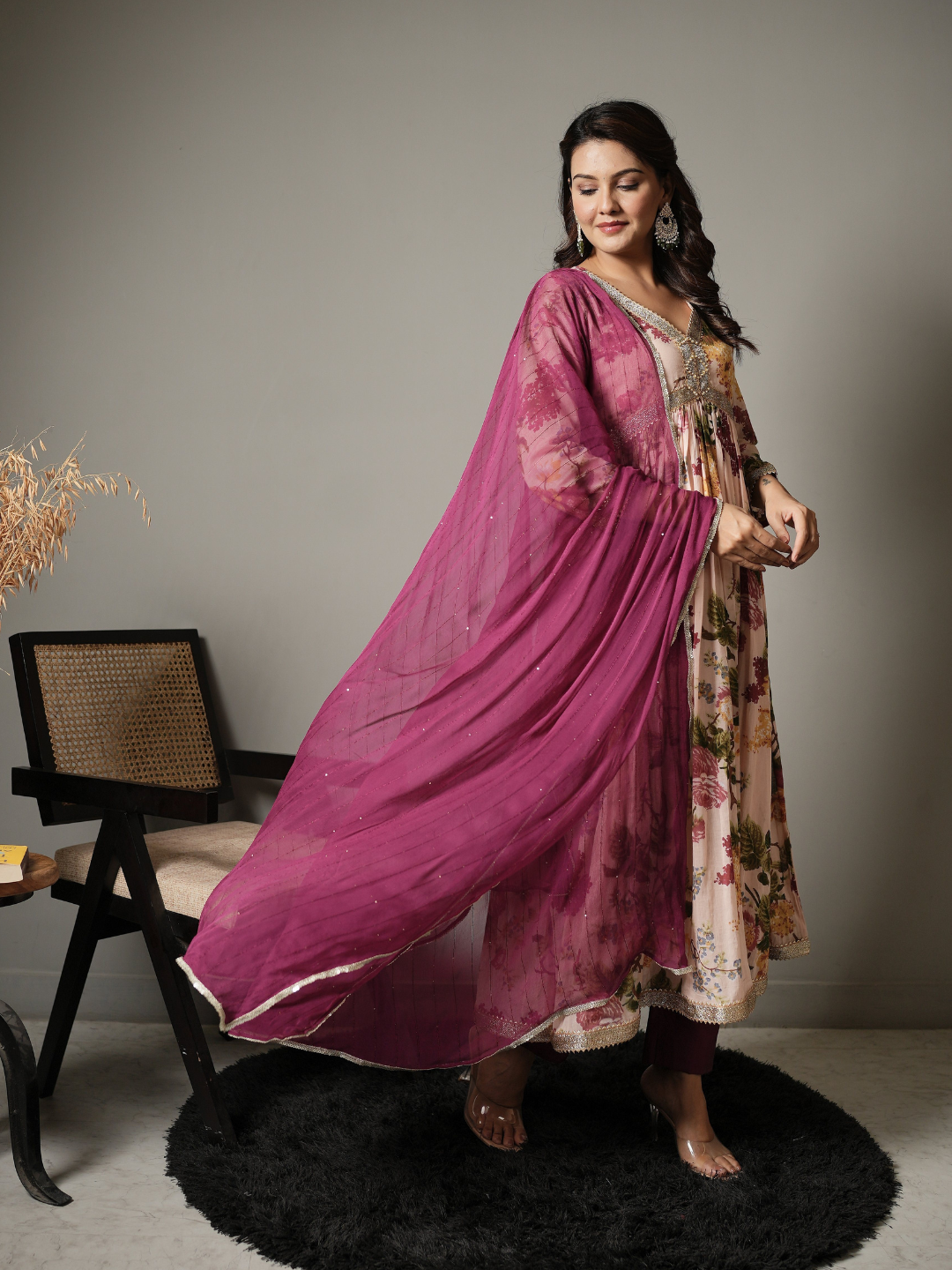 Floral Anarkali Kurta With Pants and Dupatta - Image 4