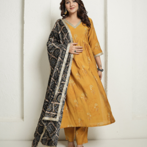Muslin Yellow Anarkali  Kurta with Black Banhdej Dupatta - Image 6