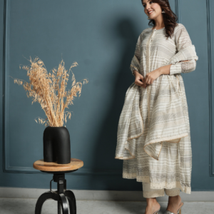 Block Print Golden Stripe Kurta with Pants and Dupatta - Image 6