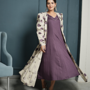 RAYON INNER DRESS WITH POPLIN BLOCK PRINT SHRUG - Image 7