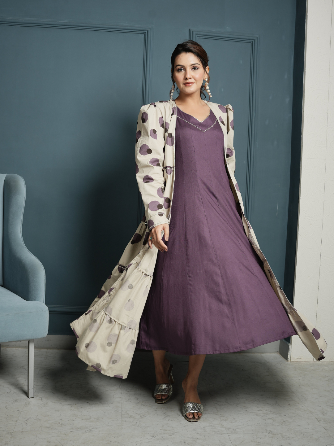 RAYON INNER DRESS WITH POPLIN BLOCK PRINT SHRUG - Image 7