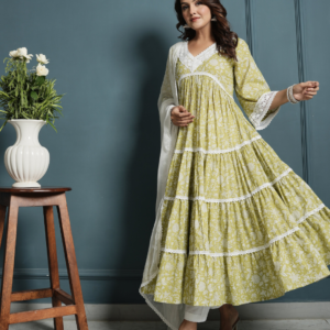 Green White Lace Anarkali Kurta with Pants And Dupatta - Image 7