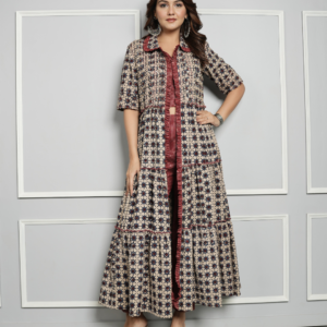 Cotton Linen Co-ord Set with Block Print Ajrakh Shrug - Image 7