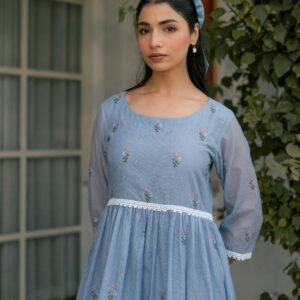 Blue Breeze Dress in Kota Doriya Fabric with Embroidery - Image 7