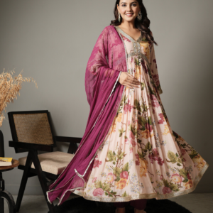 Floral Anarkali Kurta With Pants and Dupatta - Image 5