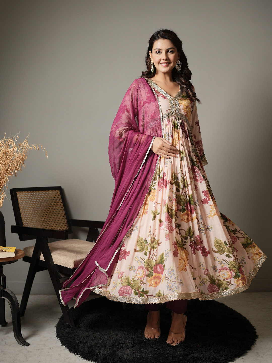 Floral Anarkali Kurta With Pants and Dupatta - Image 5