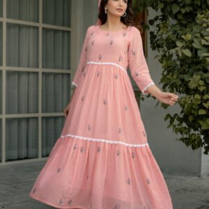 Pink Mist Dress in Kota Doriya Fabric with Embroidery - Image 5