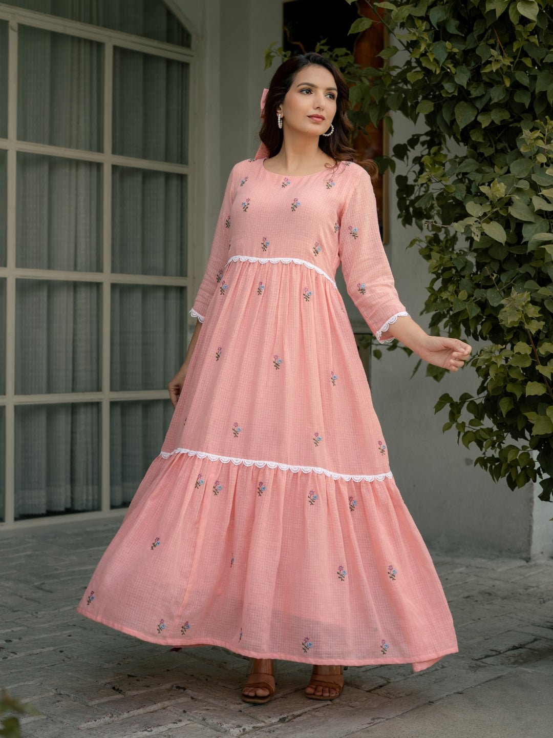 Pink Mist Dress in Kota Doriya Fabric with Embroidery - Image 5