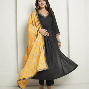 Black Kurta and Pants with Yellow Bandhej Dupatta - Image 7