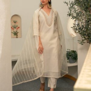 Chanderi Embroidery Pintucks Kurta with Dupatta and Pants - Image 7