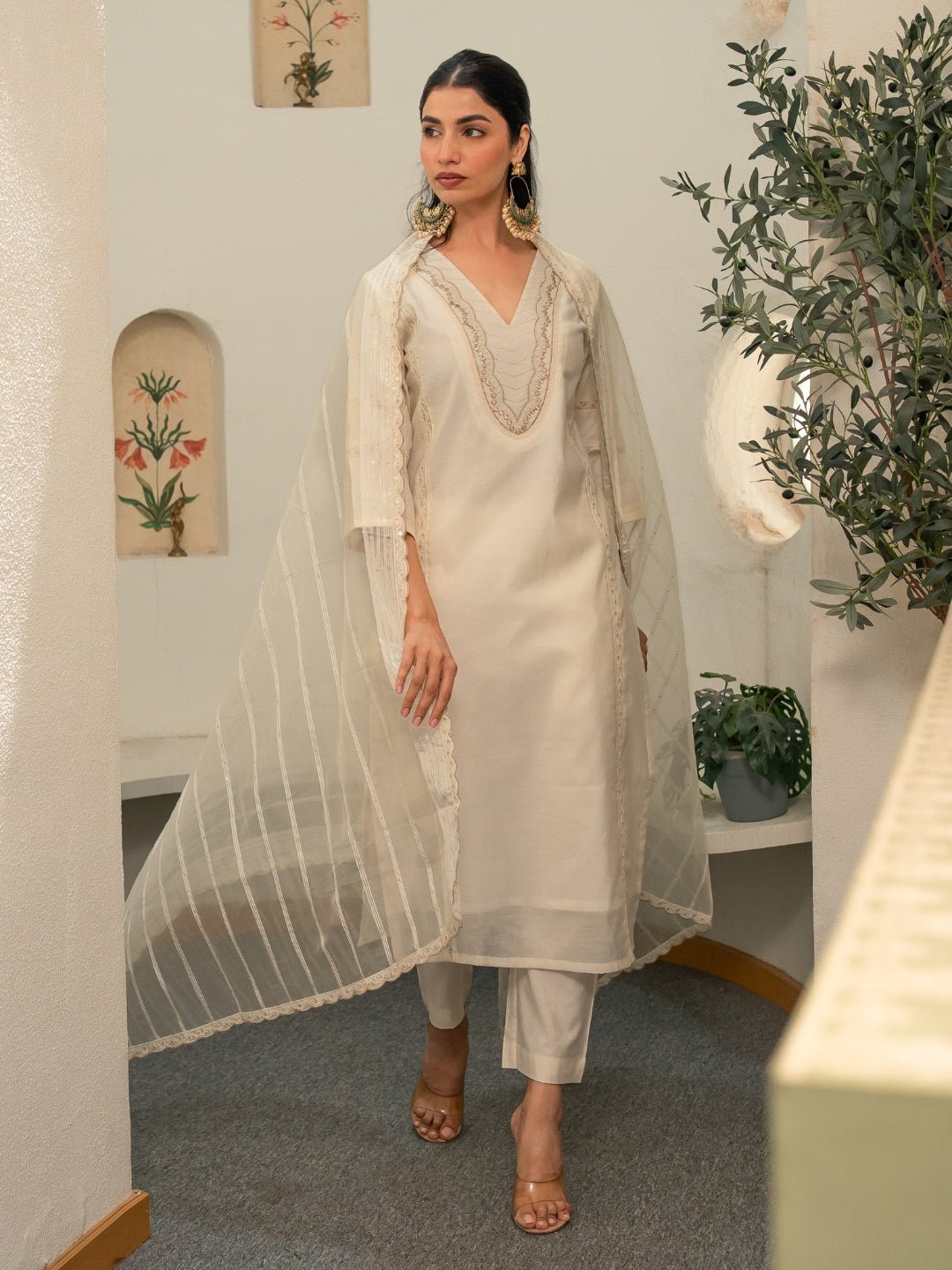 Chanderi Embroidery Pintucks Kurta with Dupatta and Pants - Image 7