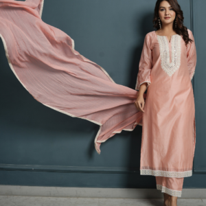 Pastel Pink Chanderi Kurta with Pants and Dupatta - Image 7