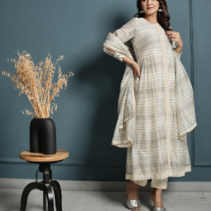 Block Print Golden Stripe Kurta with Pants and Dupatta - Image 7