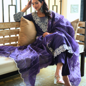 Blue Chanderi Kurta Set With Embroidery - Image 6