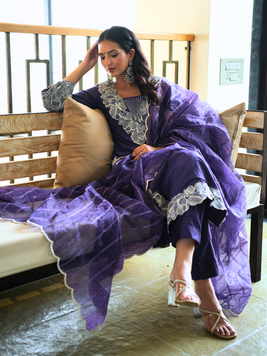 Blue Chanderi Kurta Set With Embroidery - Image 6