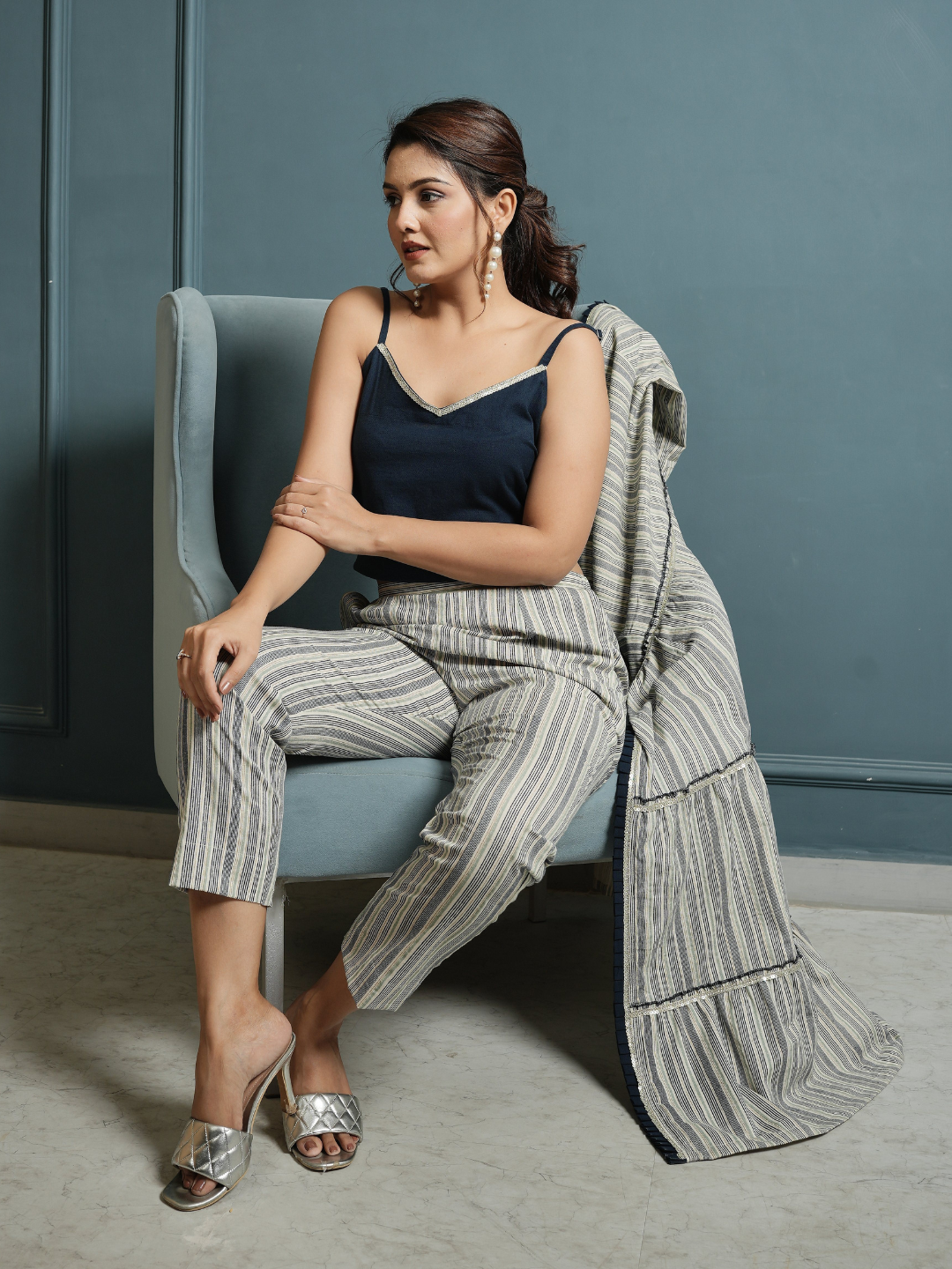 Indigo Crop Top And Pant with Cotton Linen Shrug - Image 7