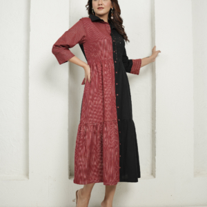 Red Block Print and Black Dress with Detailing - Image 7