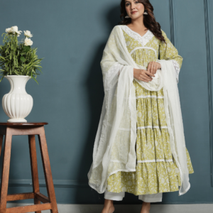 Green White Lace Anarkali Kurta with Pants And Dupatta - Image 8