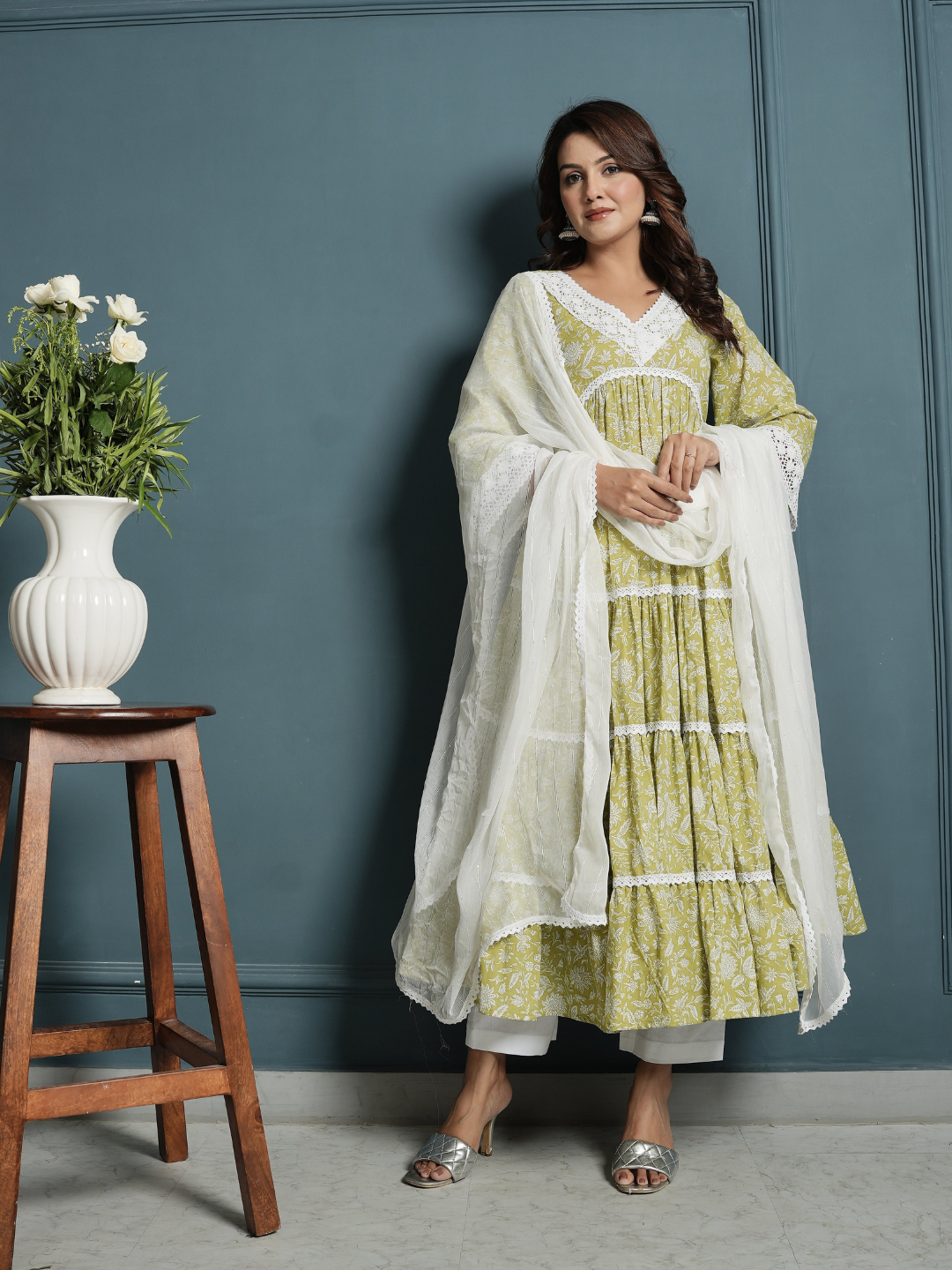 Green White Lace Anarkali Kurta with Pants And Dupatta - Image 8