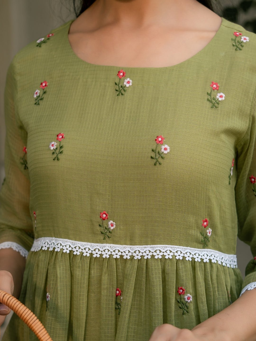 Mint Grace Dress in Kota Doriya Fabric with Embroidery - Image 3