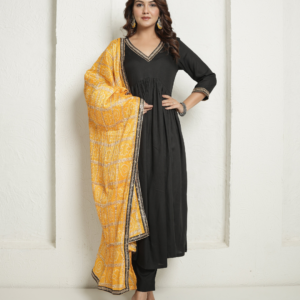 Black Kurta and Pants with Yellow Bandhej Dupatta - Image 8