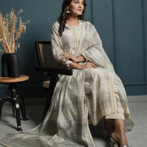 Block Print Golden Stripe Kurta with Pants and Dupatta - Image 8