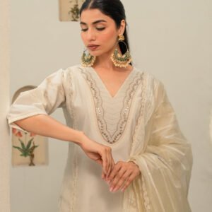 Chanderi Embroidery Pintucks Kurta with Dupatta and Pants - Image 8