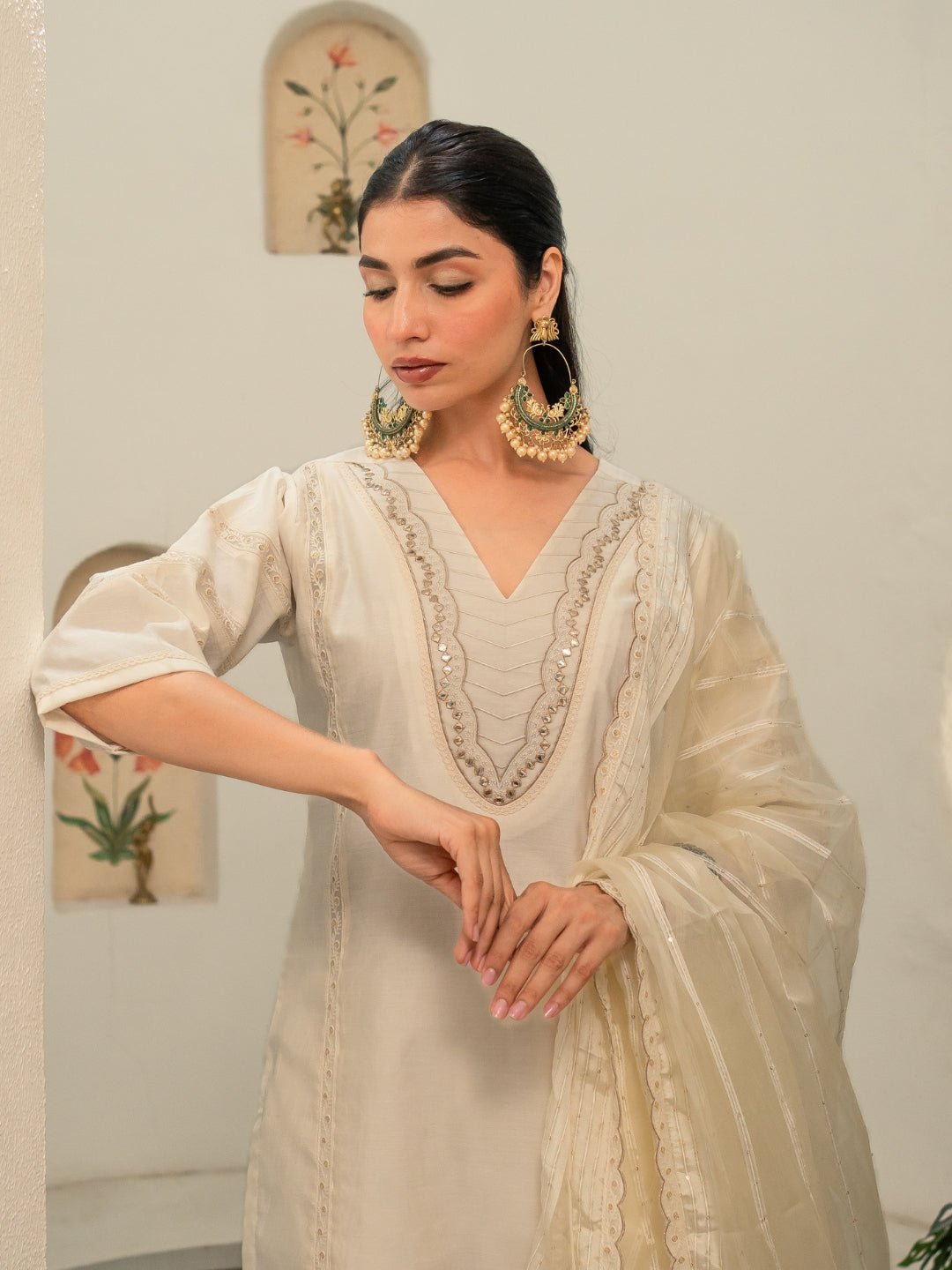 Chanderi Embroidery Pintucks Kurta with Dupatta and Pants - Image 8
