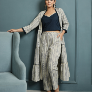Indigo Crop Top And Pant with Cotton Linen Shrug - Image 8